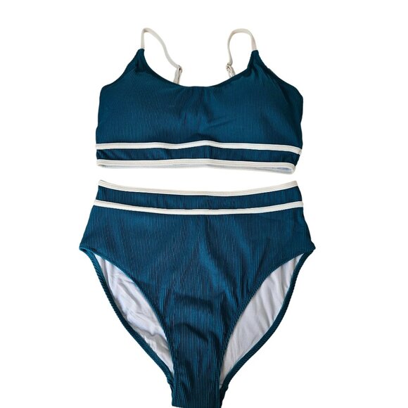 Womens Large High Waisted Bikini Set Adj Straps Ribbed Texture Green White - Picture 5 of 12